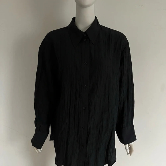 H&M Women Black Crinckle Chiffon Tunic Top Blouse Button Shirt size medium - Picture 2 of 9